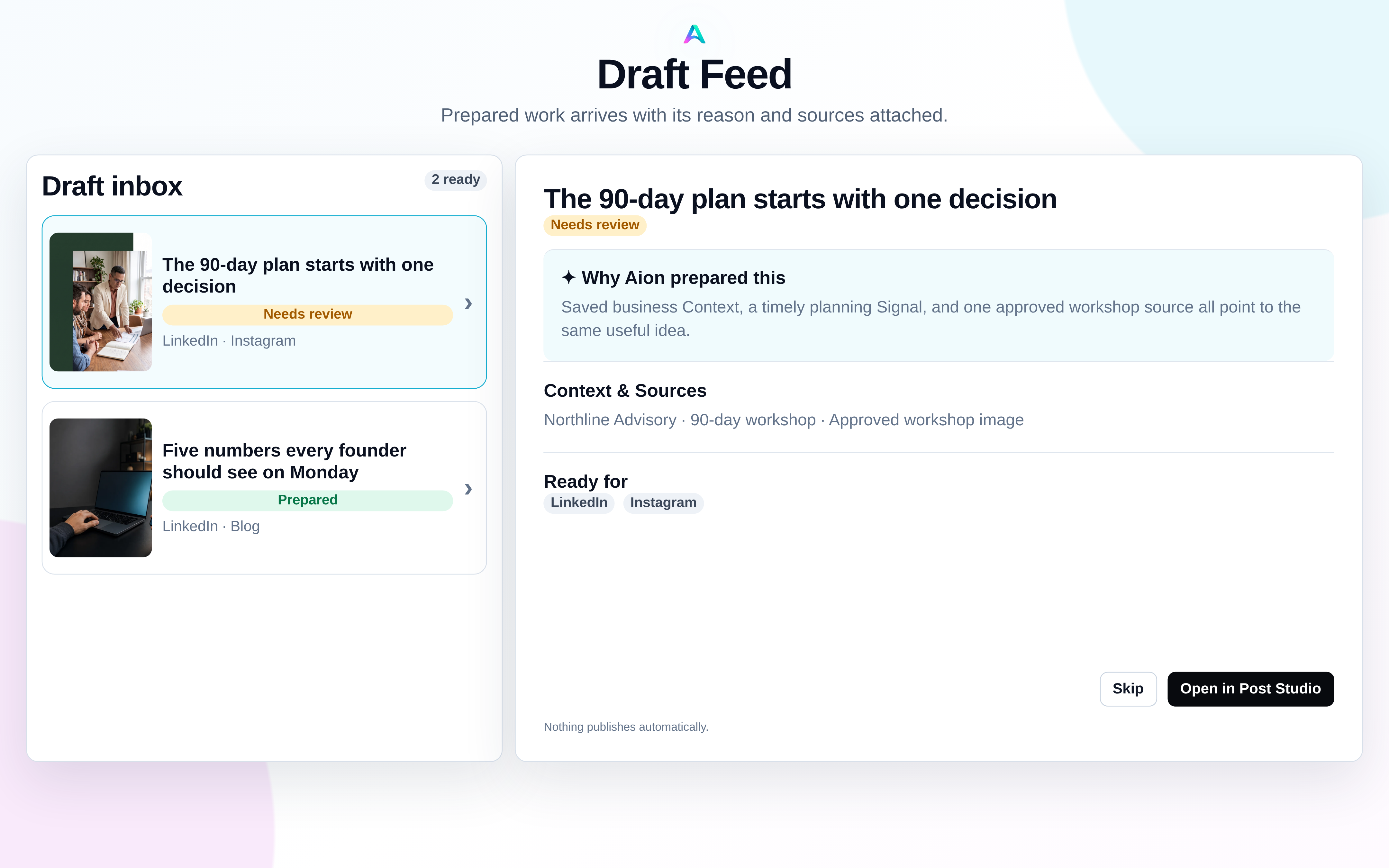Aion Draft Feed showing prepared posts, their business context and sources, target channels, and review actions