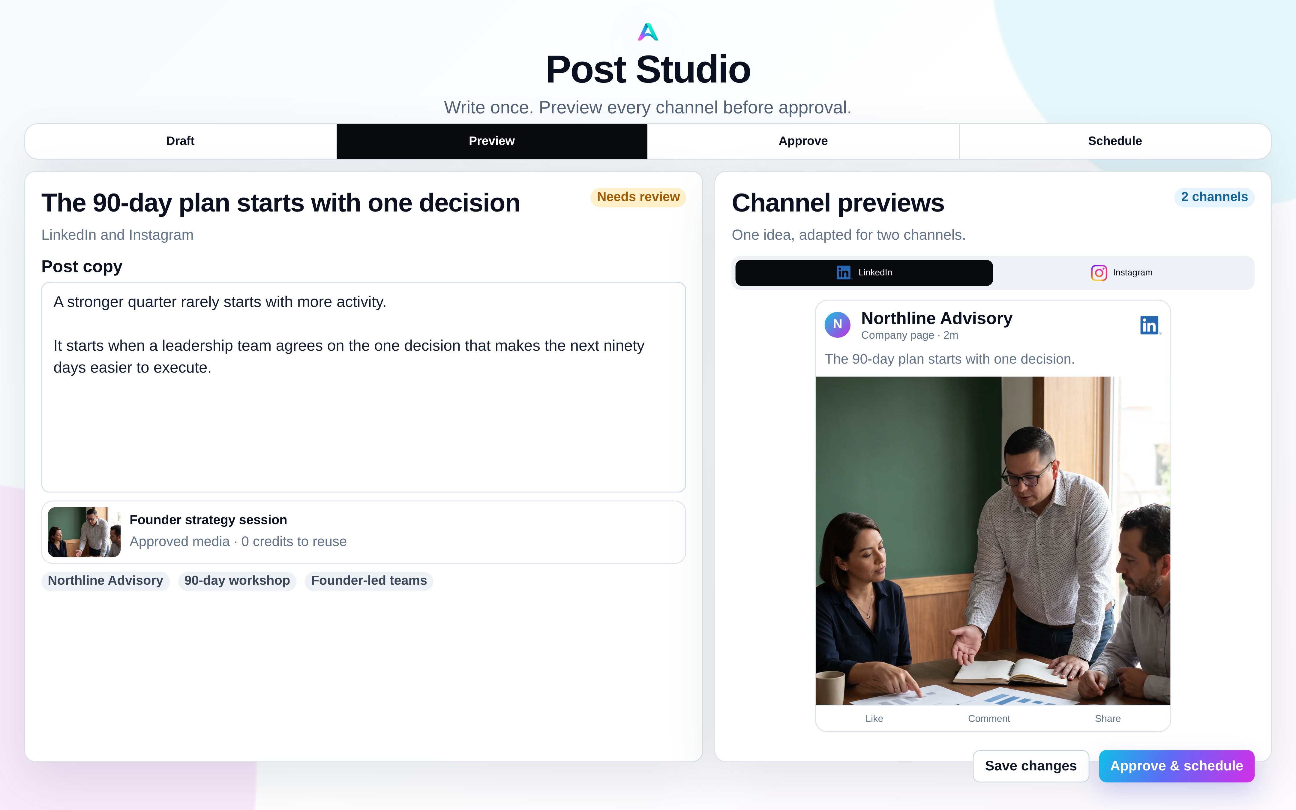 Aion Post Studio showing a campaign post, approved media, channel preview, and approval action