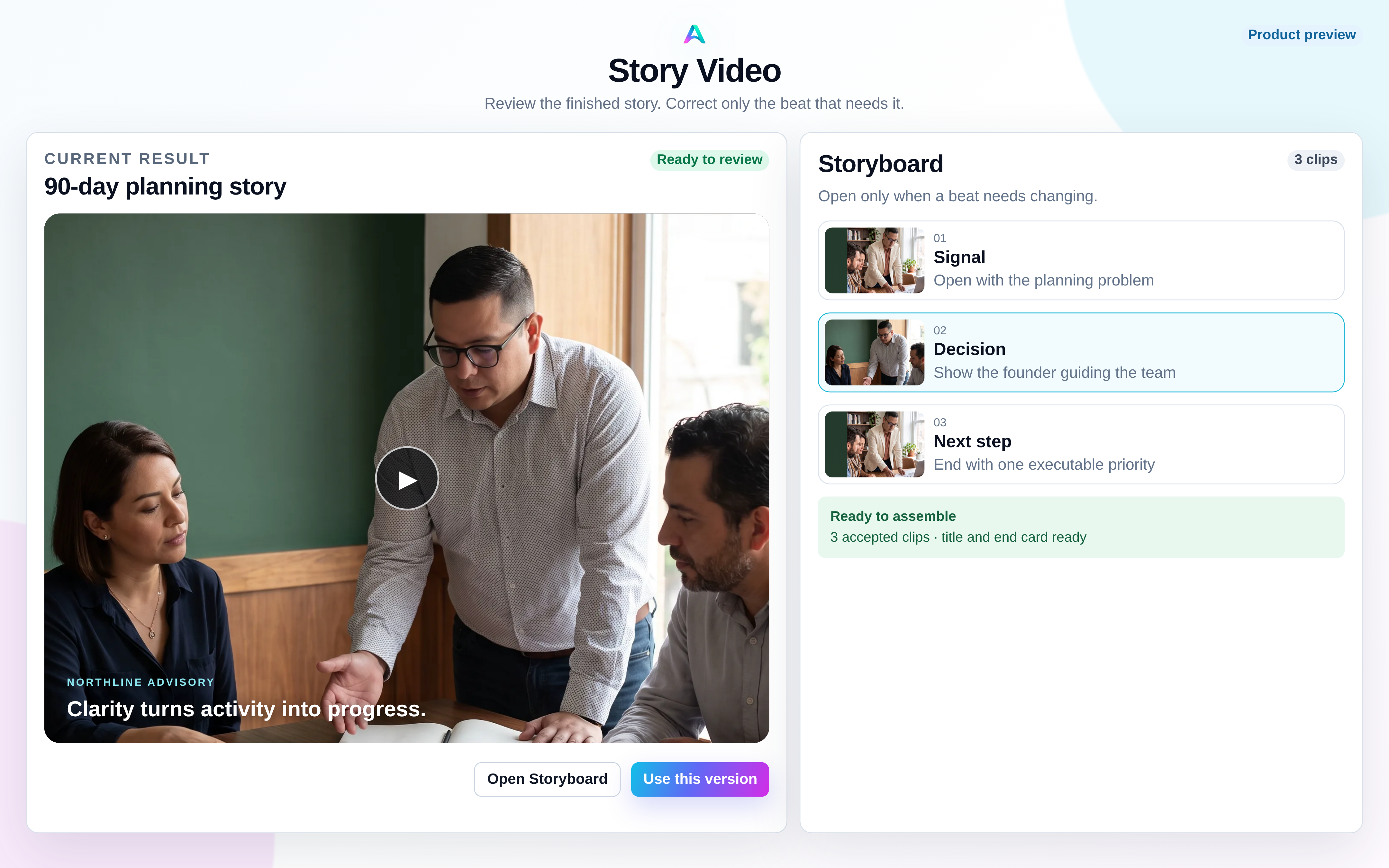 Aion Story Video product preview showing a finished founder-led advisory story and its optional three-beat Storyboard